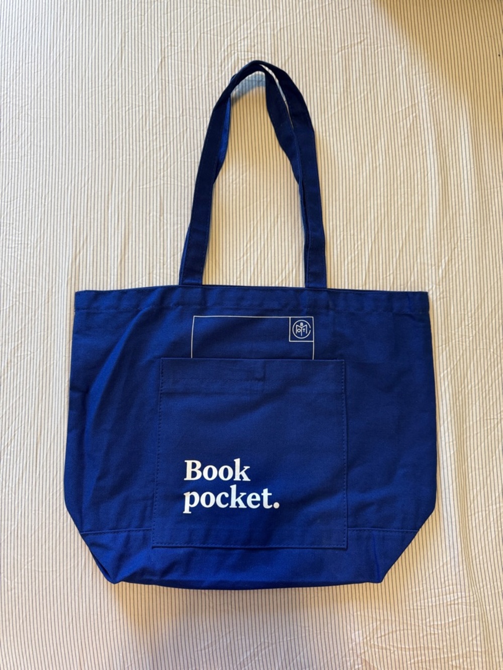 Blue 'Book pocket.' Canvas Tote Bag